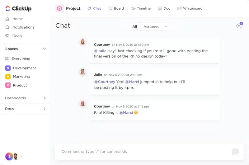 Vista de chat de ClickUp