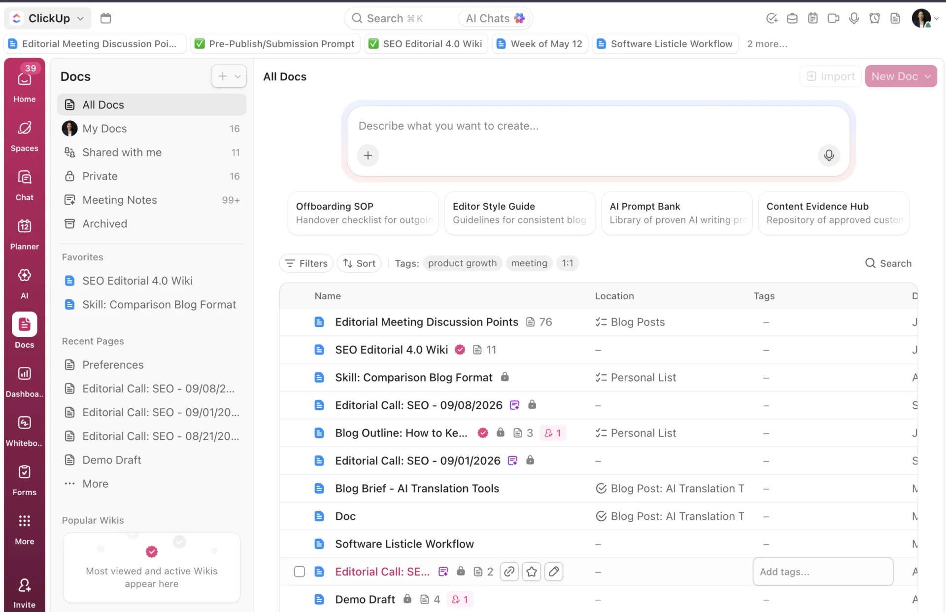Nutzen Sie ClickUp für Dokumente, Wikis, Chat, Aufgaben und umfassendes Wissensmanagement: Confluence vs. Teams