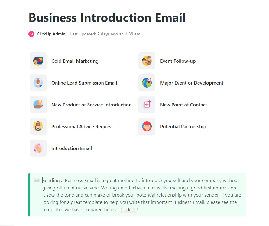 Modèle d'e-mail de présentation de l'entreprise ClickUp