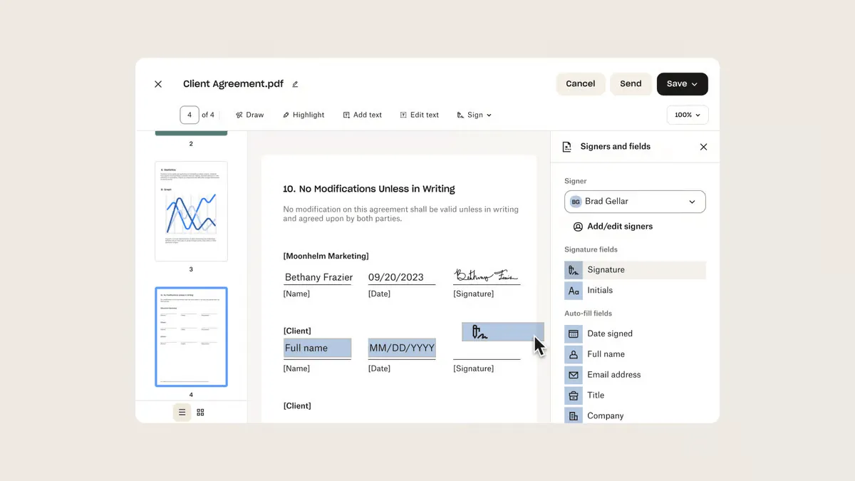Interfaccia di firma PDF di Dropbox