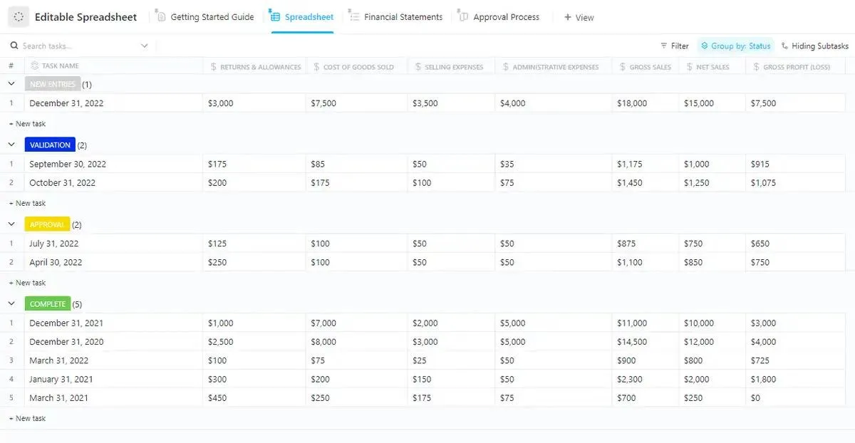 O modelo de planilha editável do ClickUp foi projetado para ajudá-lo a criar, gerenciar e armazenar registros financeiros de maneira organizada.