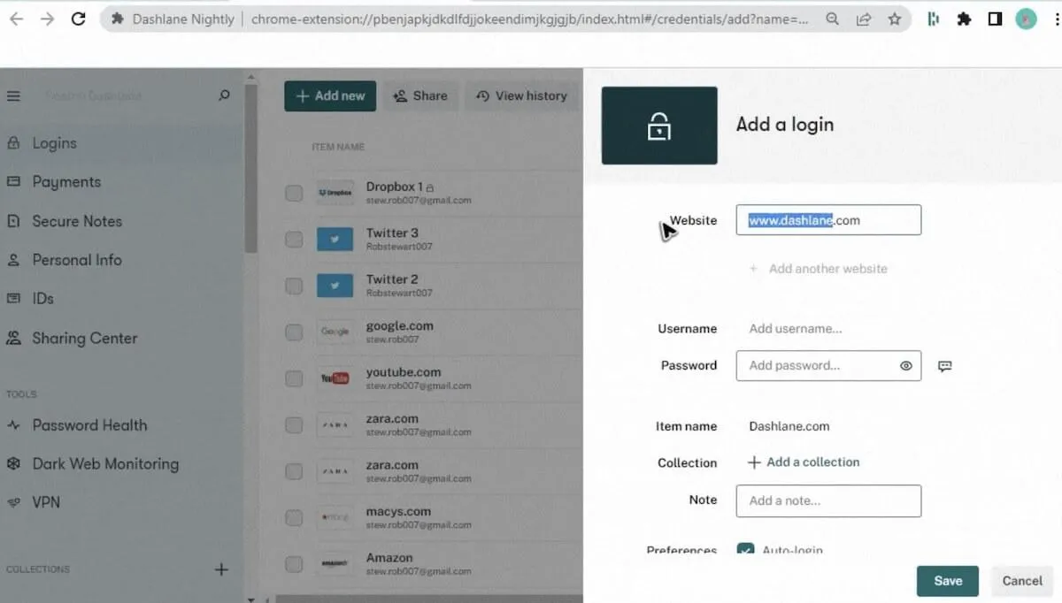 Passwortmanager: Hinzufügen eines neuen Logins in Dashlane