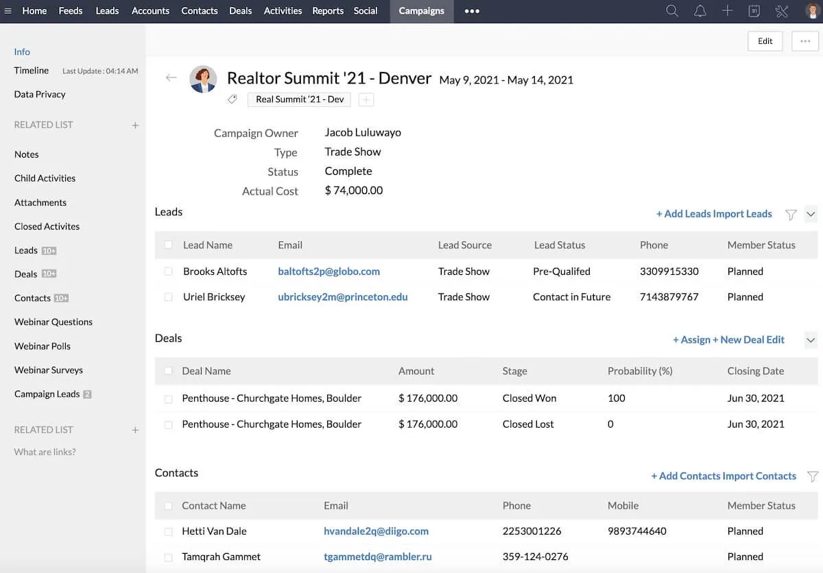 Tangkapan layar Zoho CRM Campaigns