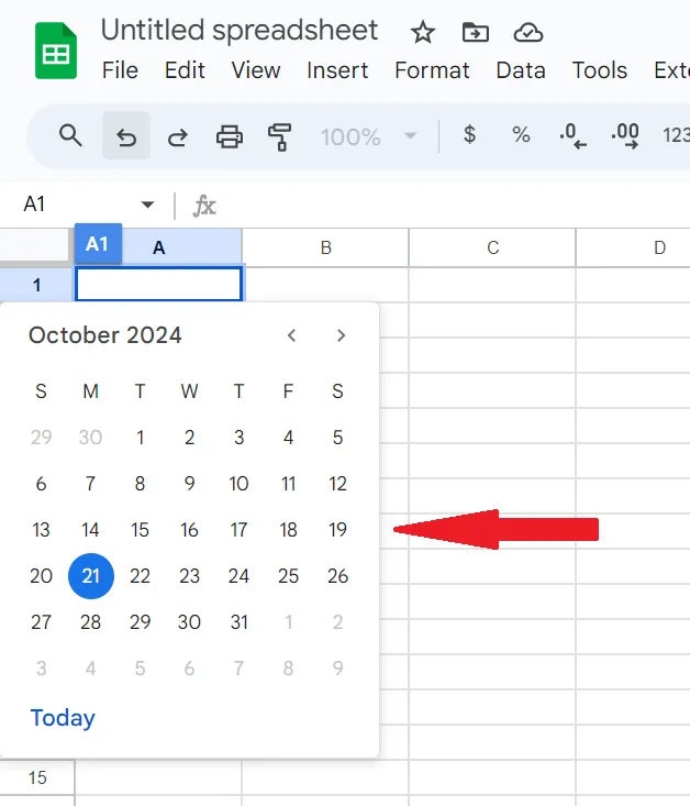 วิธีแทรกปฏิทินใน Google Sheets: คลิกสองครั้งที่เซลล์ A1 เพื่อดูปฏิทิน