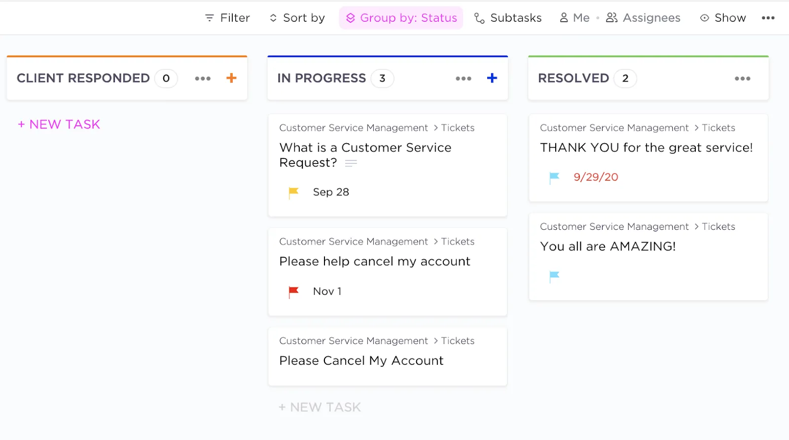 ClickUps Vorlage für das Kundenservice-Management
