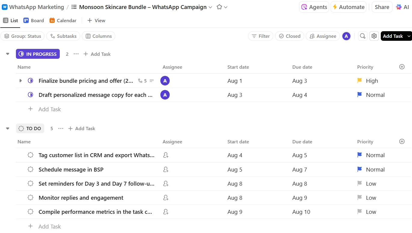 ClickUp 목록 : WhatsApp 비즈니스 마케팅