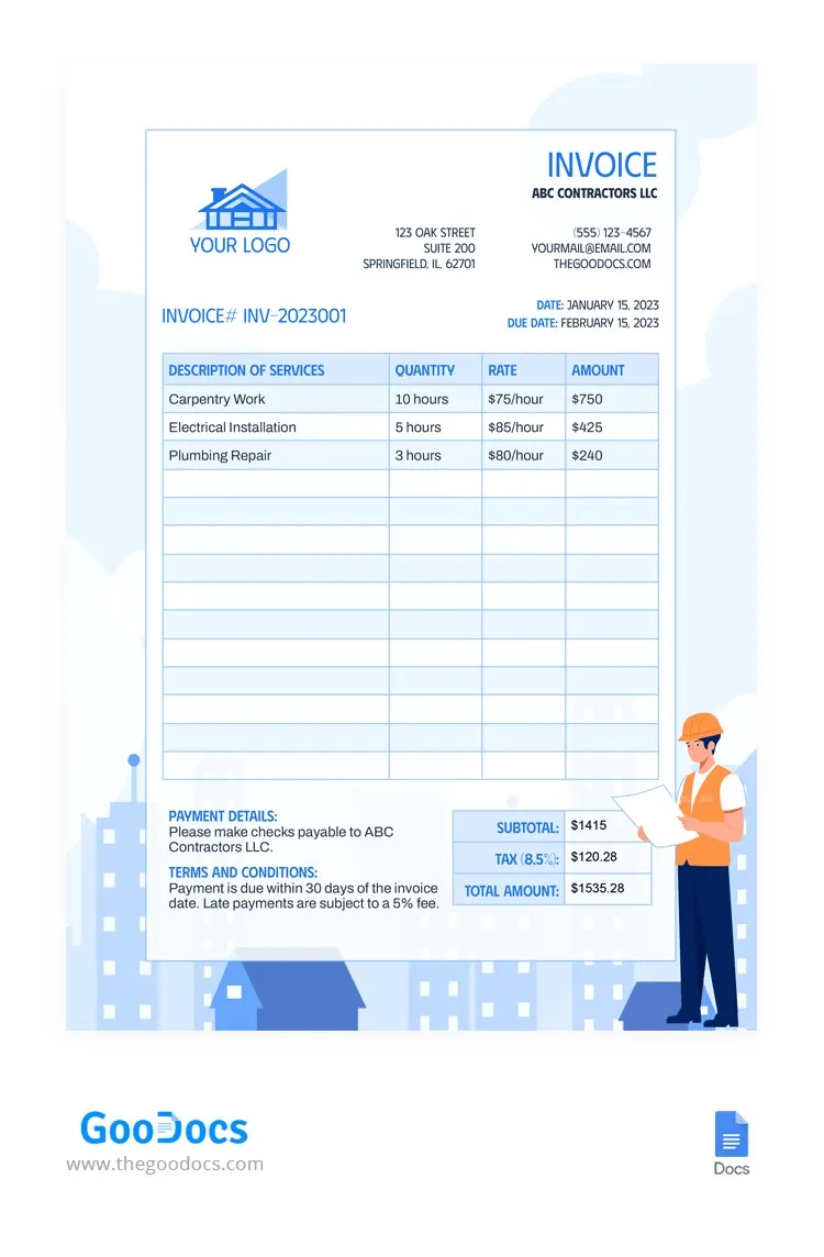 Modèle de facture pour entrepreneur Google Docs