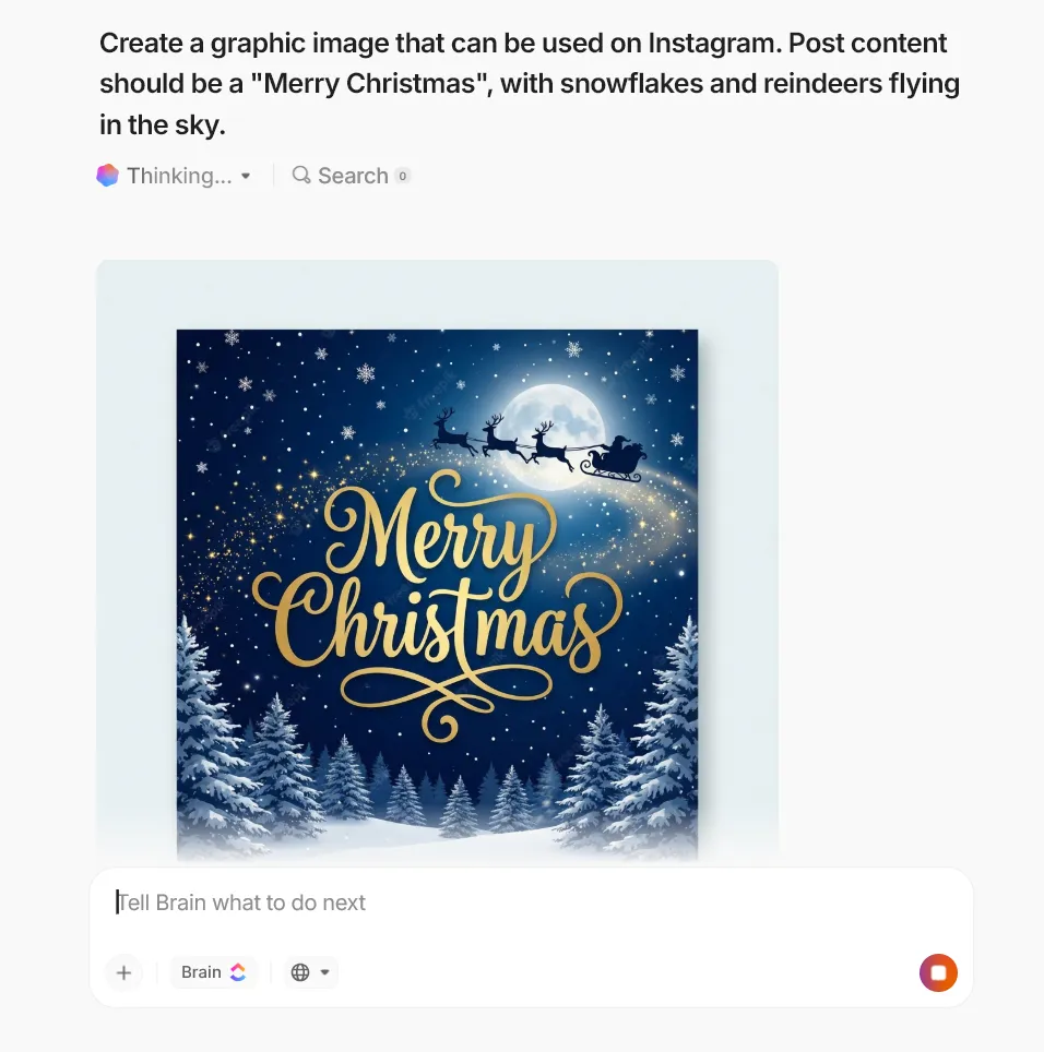 Erstellen Sie Grafiken mit einer einzigen Eingabeaufforderung und verbessern Sie Ihre Inhalte mit ClickUp Brain.