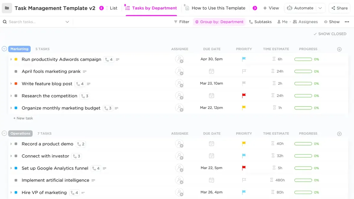 Visualize e otimize fluxos de trabalho com o modelo de gerenciamento de tarefas do ClickUp.