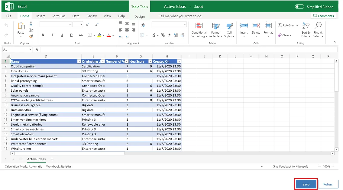 Ukládání dat v Excel Online