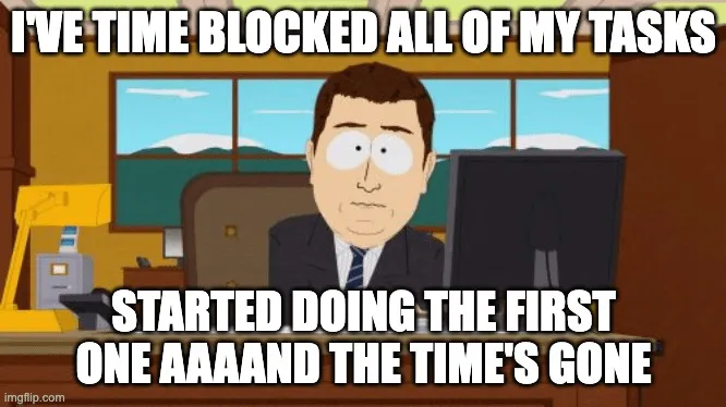 Meme sobre pasar todo el tiempo terminando una tarea en la hoja de horas.