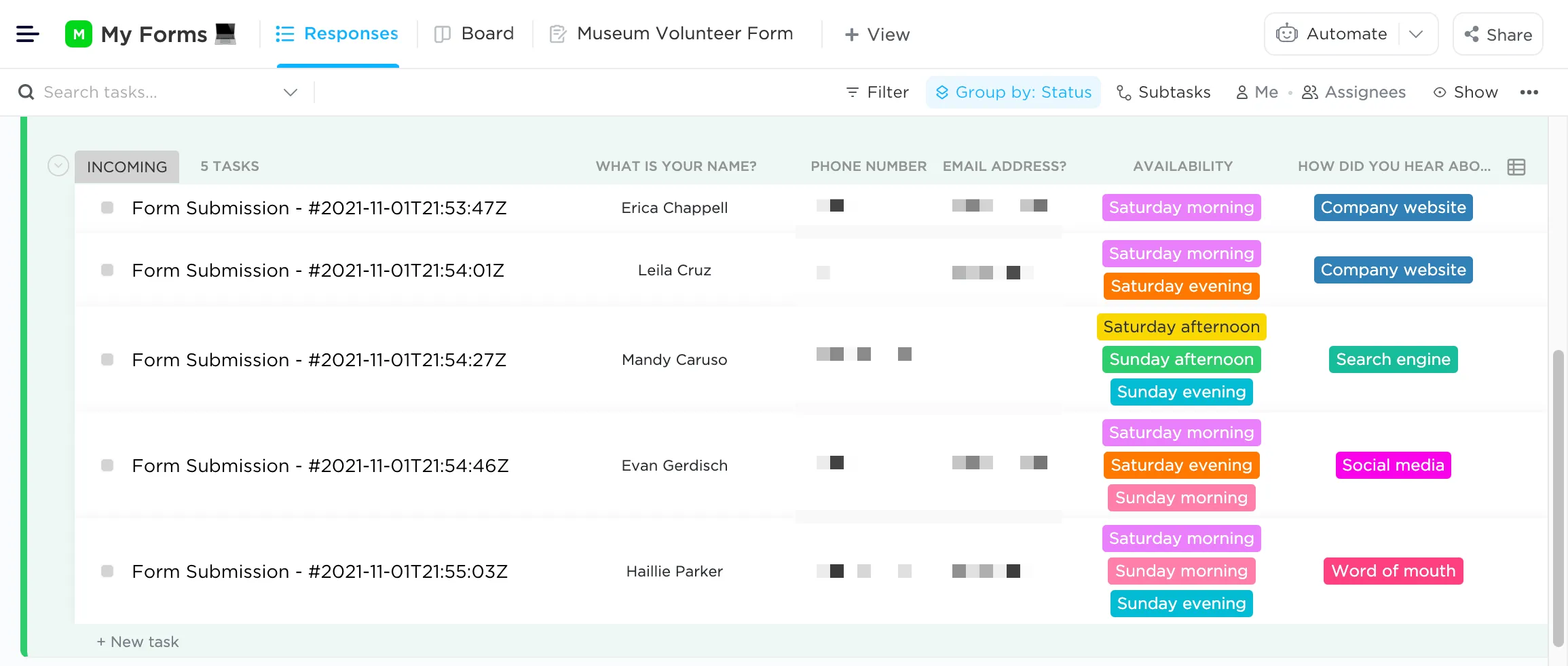 Visualizzazione modulo ClickUp