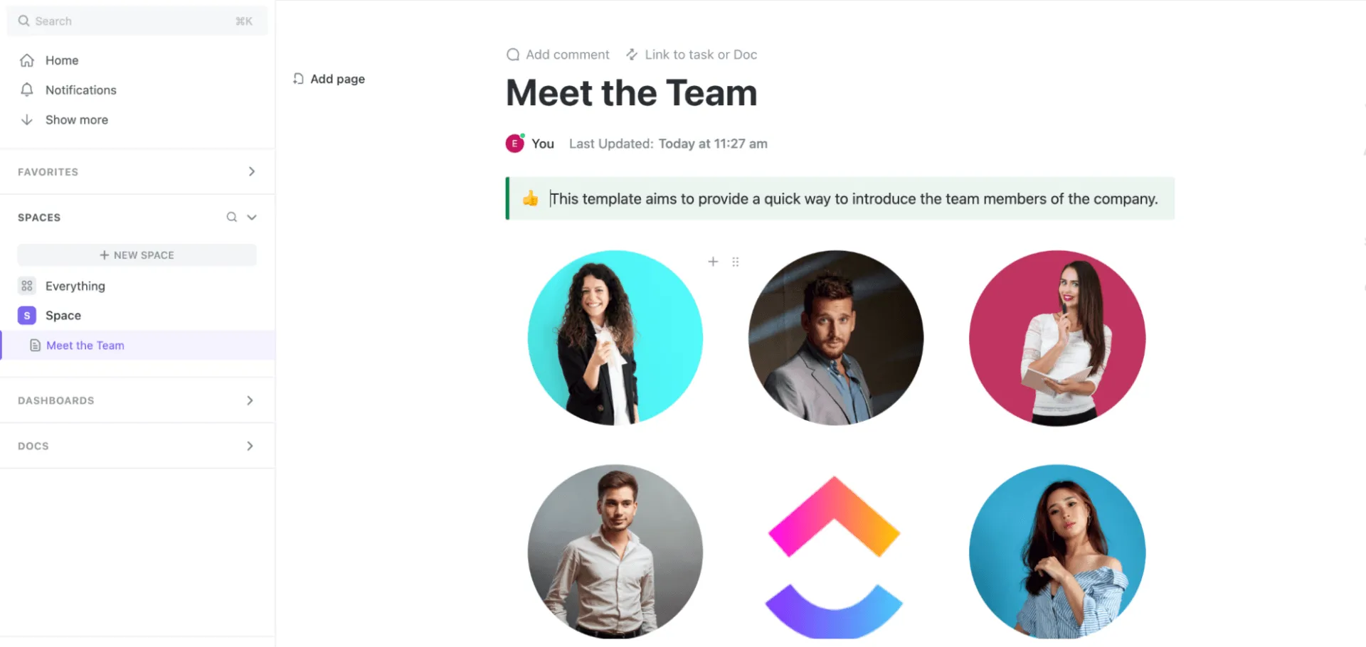 Modèle « Rencontrez l'équipe » de ClickUp