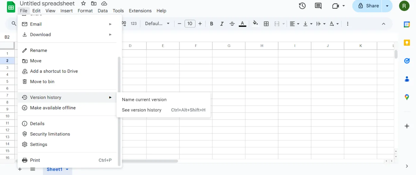 Accédez à l'historique des versions pour l'ensemble de la feuille.