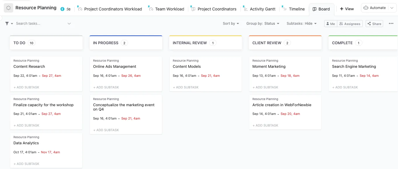 Distribute resources with ease using the Resource Planning Template by ClickUp