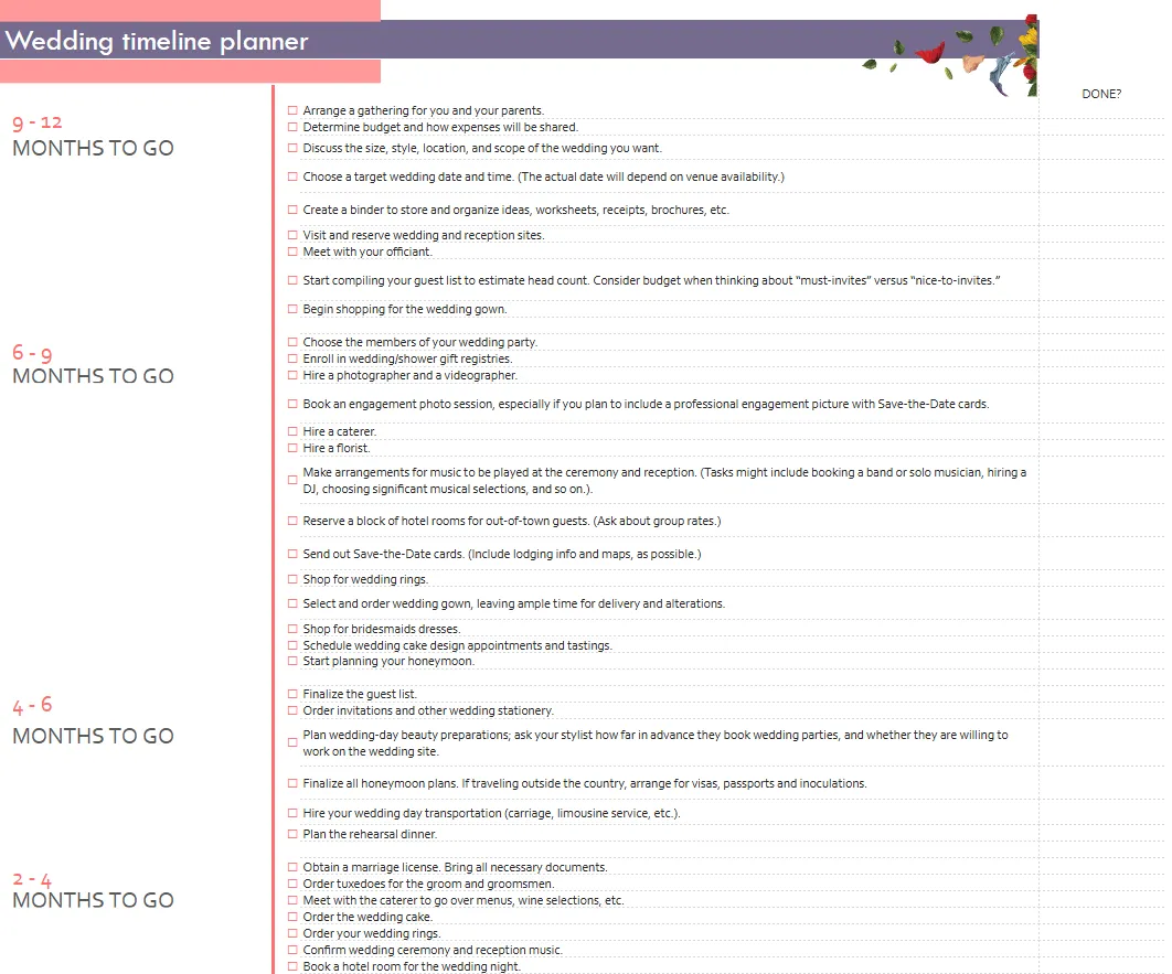 แม่แบบการวางแผนกิจกรรมไทม์ไลน์งานแต่งงานใน Excel โดย Microsoft