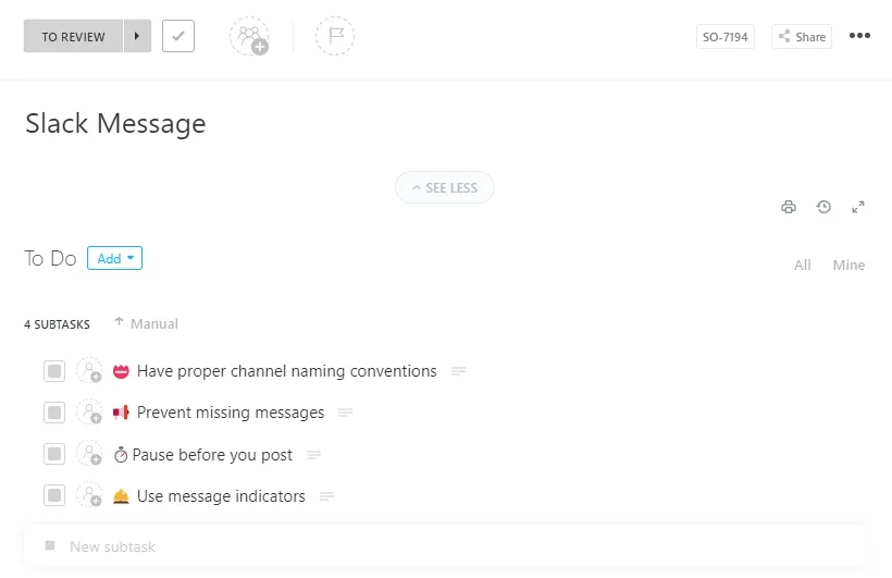 เทมเพลตข้อความโต้ตอบทันทีของ ClickUp