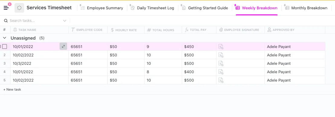 Modelo de planilha de horas semanais do ClickUp