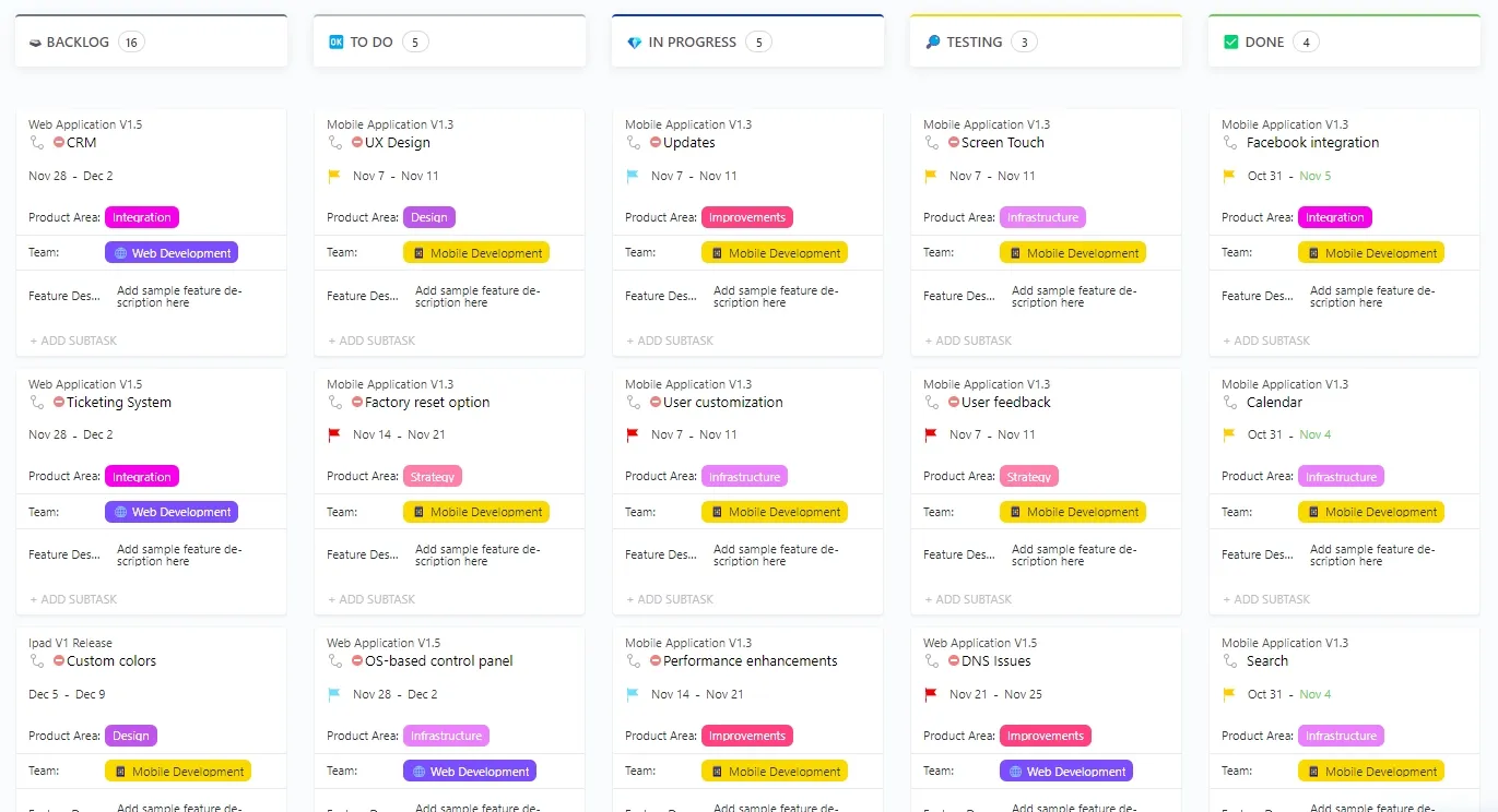 Plantilla de vista de hoja de ruta con vista Kanban de ClickUp