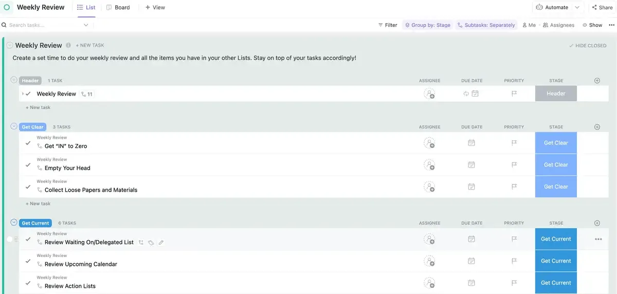 Setzen Sie die beliebte GTD-Technik täglich mit der ClickUp Getting Things Done-Workflow-Vorlage um.