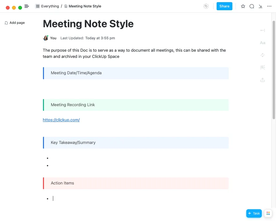 ClickUp-Vorlage für Notizen zu Einzel-Meetings