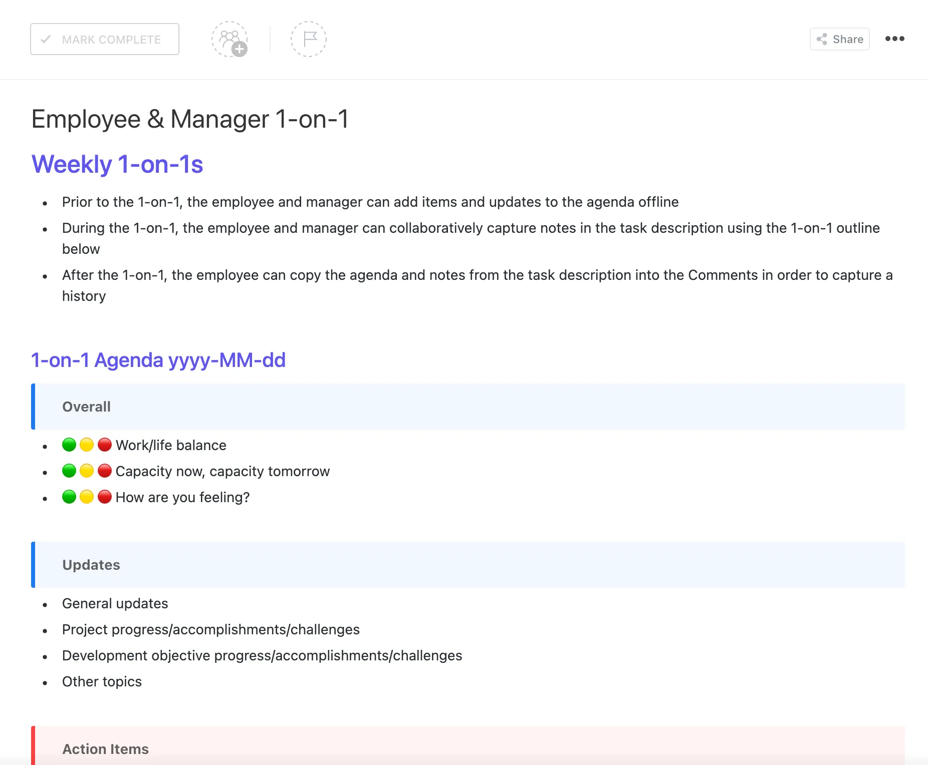 Modello di nota disciplinare per i dipendenti: Modello ClickUp per colloqui individuali tra dipendenti e manager