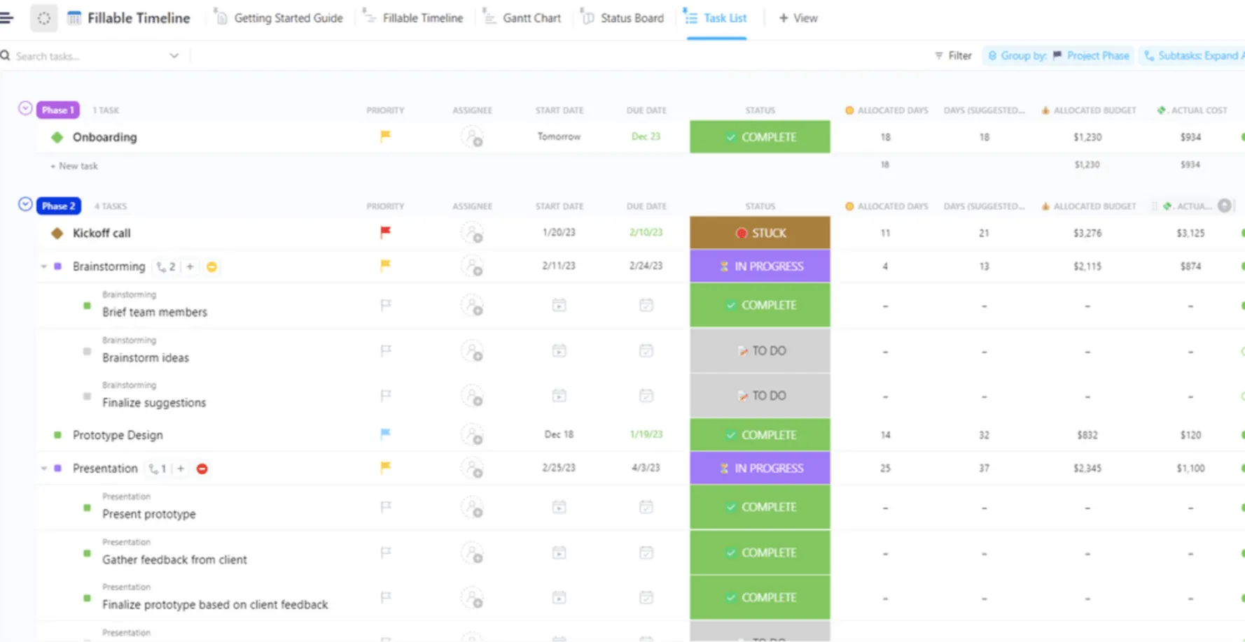 Crie um cronograma de projeto usando uma Lista do ClickUp neste modelo simples e preenchível