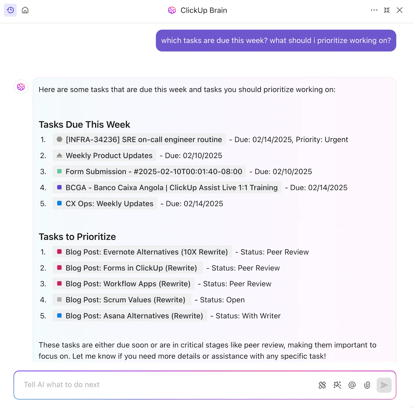 Gunakan ClickUp Brain untuk memprioritaskan tugas-tugas Anda dengan lancar