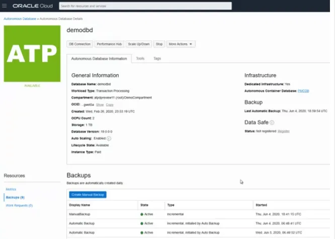 Operações de processamento autônomo de transações da Oracle
