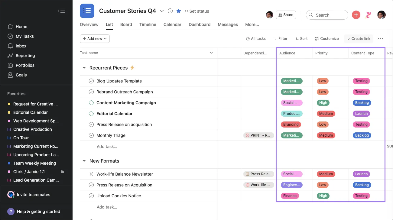 Campos personalizados no Asana