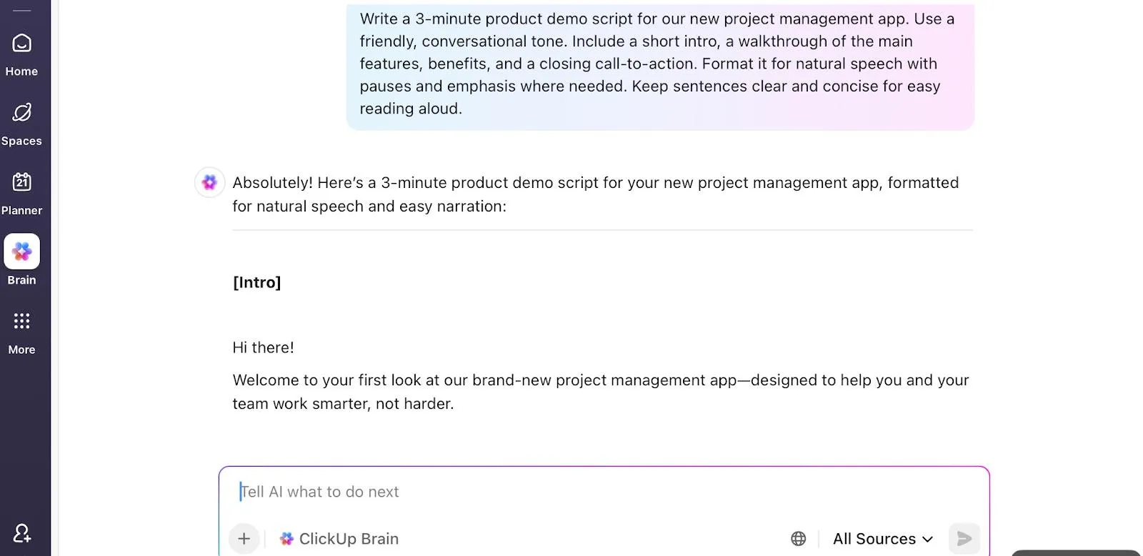 Skriptschreiben mit ClickUp Brain, um bestimmte Aspekte Ihres kreativen Prozesses zu automatisieren