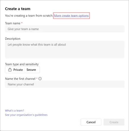 Selecione Mais opções para criar equipe para começar a criar sua equipe.
