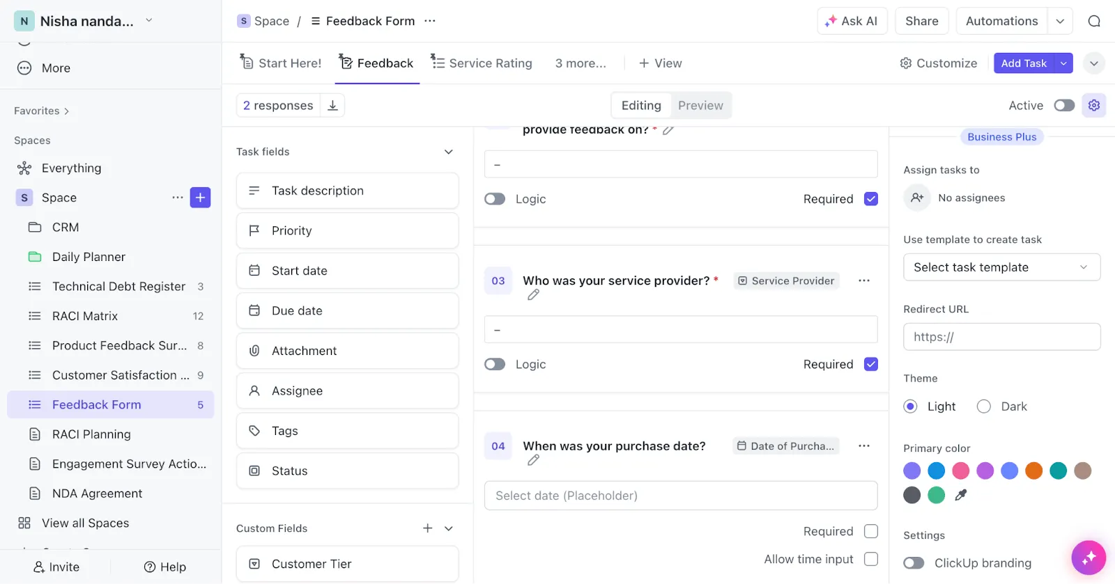 Recueillez des données quantitatives et qualitatives grâce au modèle de formulaire de commentaires ClickUp.