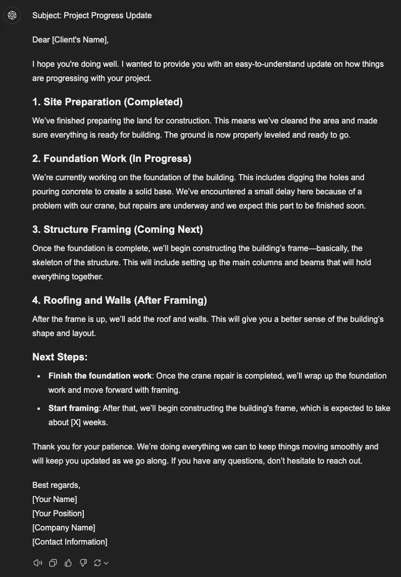 Résumé de l'avancement du projet pour un client peu familier avec les termes de la construction. Invite, instructions