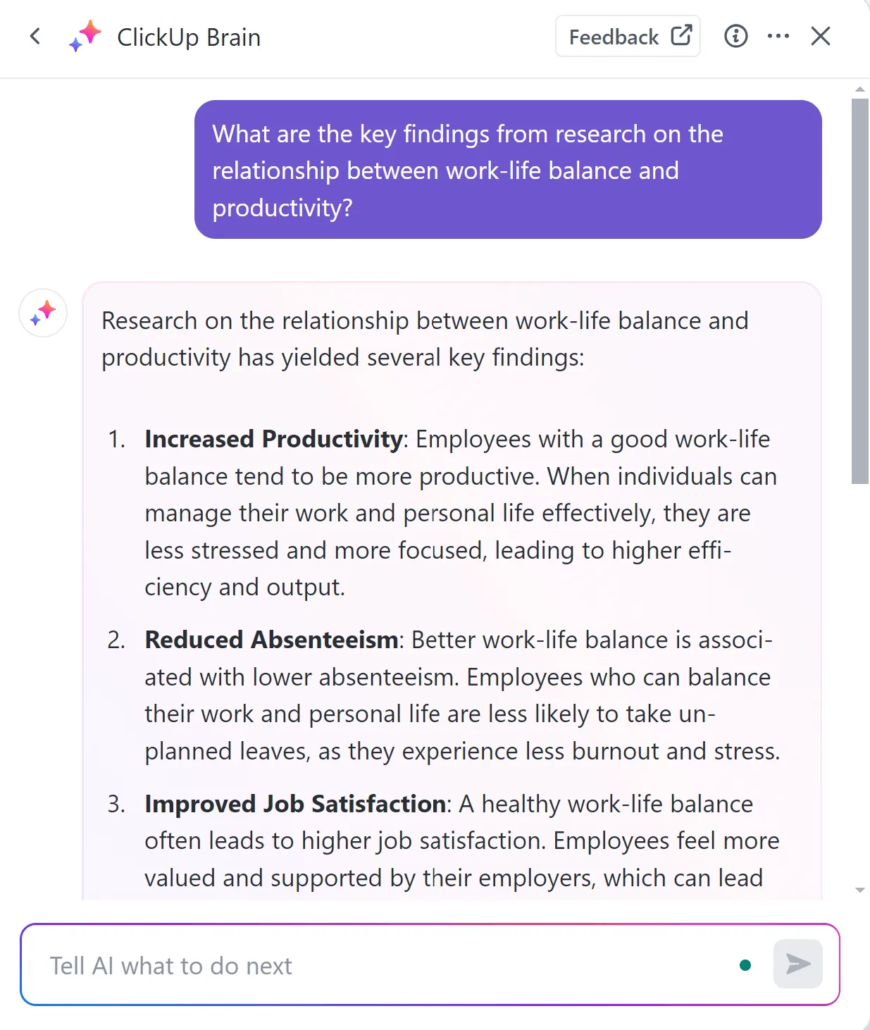 Genera resúmenes de los resultados clave de tus investigaciones utilizando herramientas de IA como ClickUp Brain
