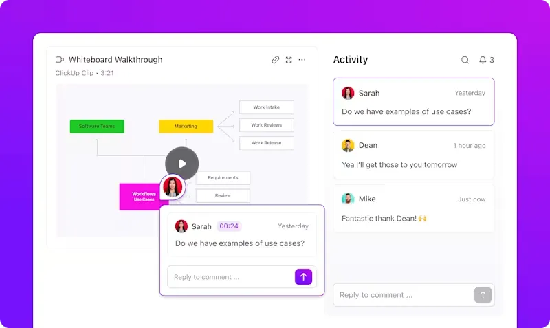 Commenta su ClickUp Clips per fornire feedback al tuo team in tempo reale.