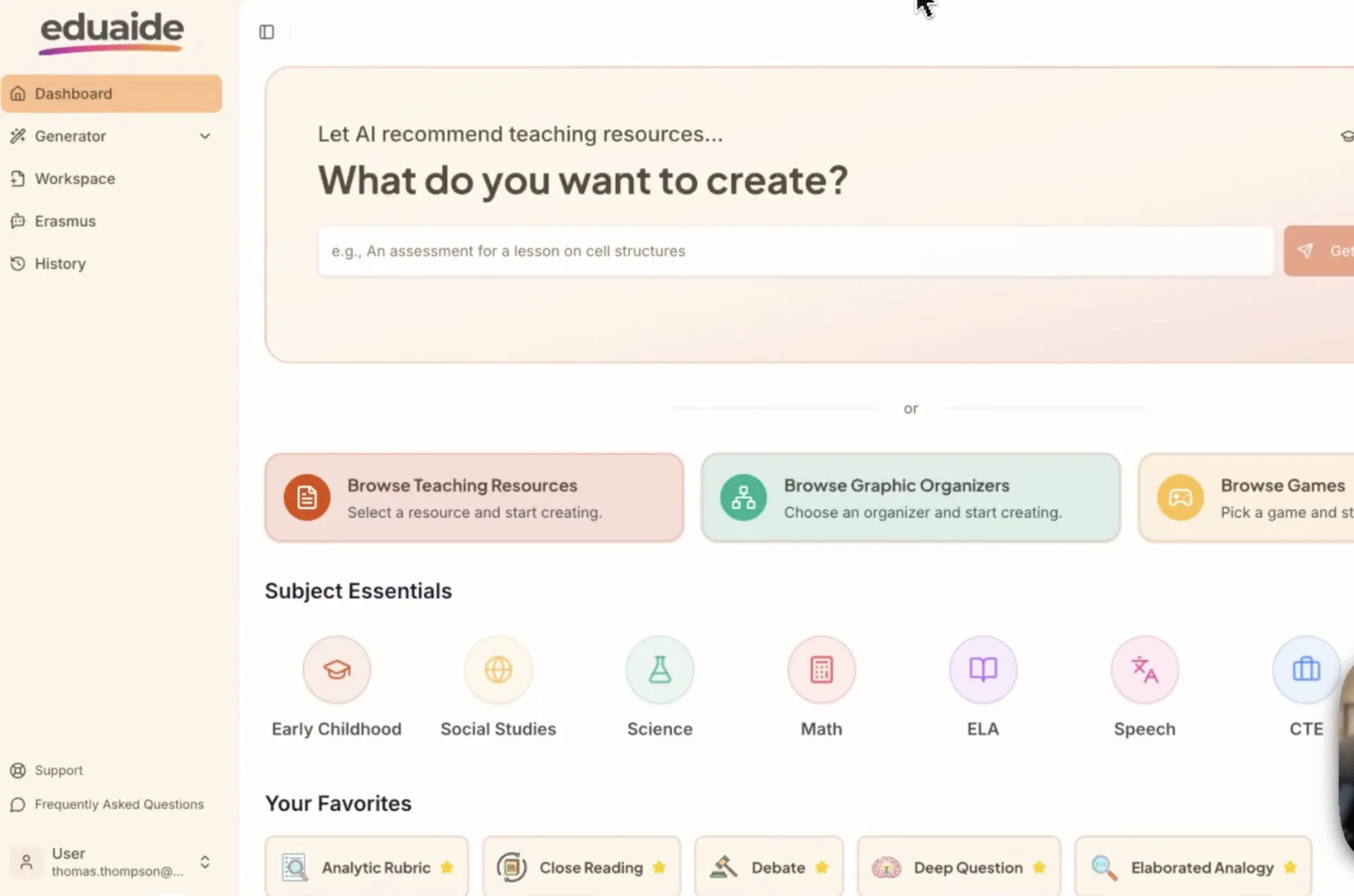 Dashboard di Eduaide.ai con un prompt per la generazione di risorse, categorie tematiche e opzioni per risorse didattiche, schemi concettuali e giochi