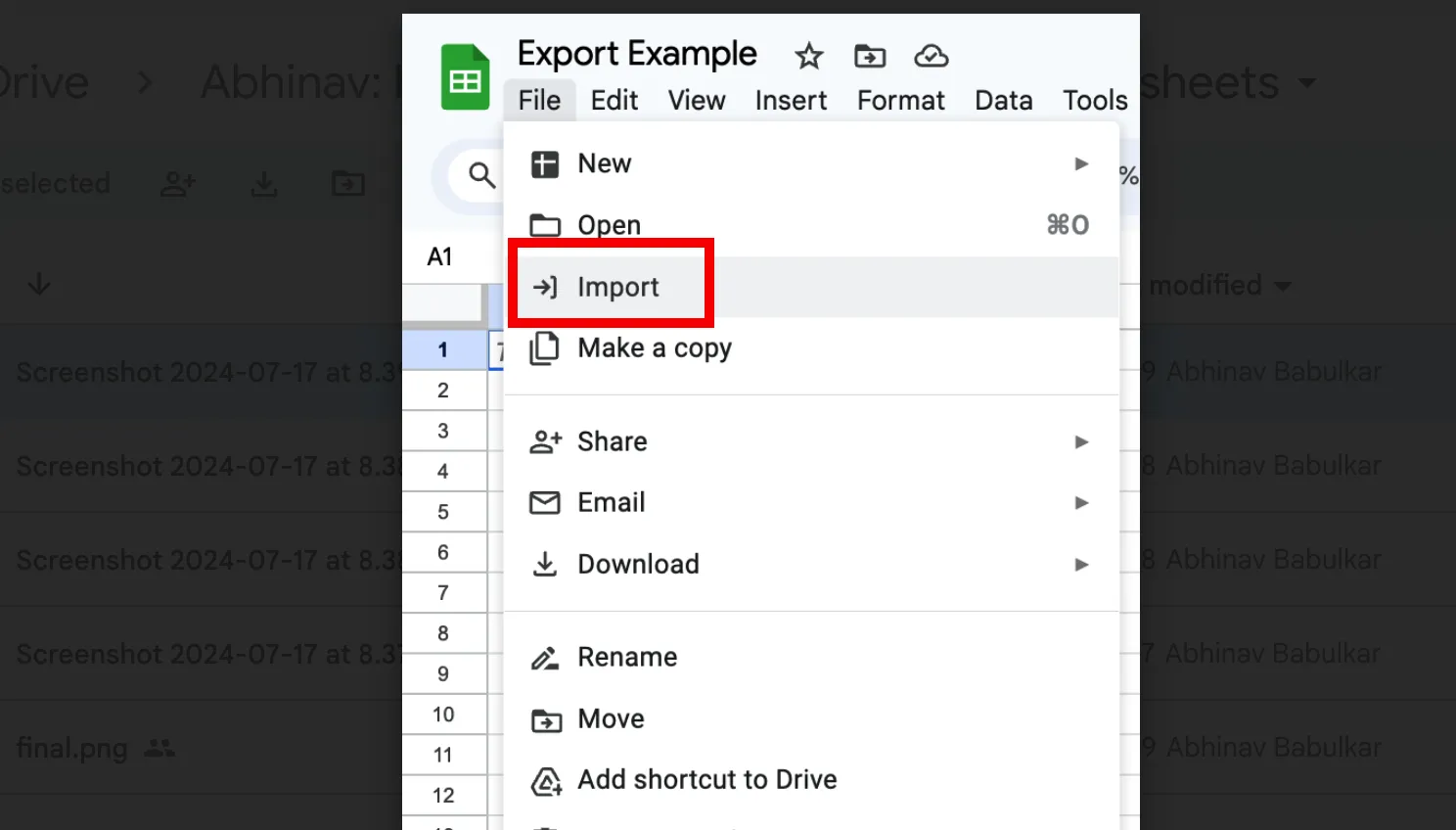 Langkah 1: Gunakan fungsi 'Ekspor/Impor' di Google Sheets