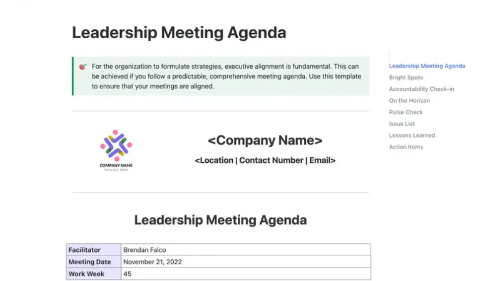 Sorgen Sie für eine einheitliche Ausrichtung der Führungskräfte und halten Sie Diskussionen während von Meetings mit der Vorlage für die Tagesordnung von Führungskräftetreffen von ClickUp auf Kurs.