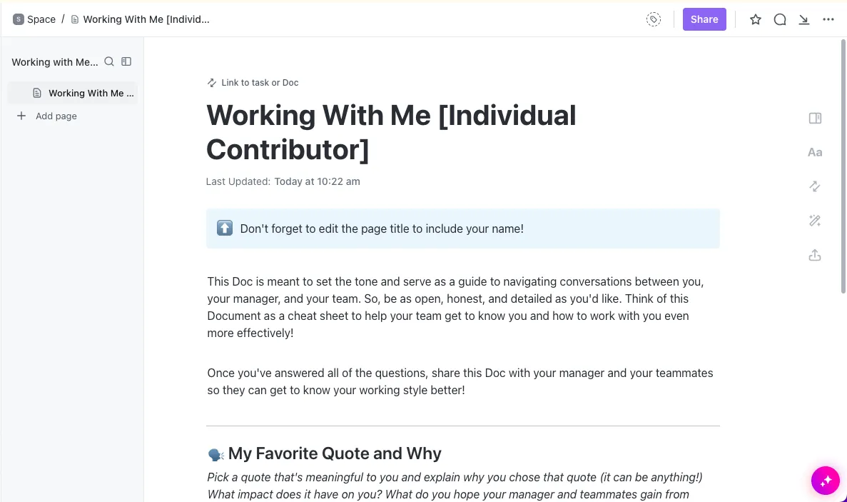 Comunique seu estilo de trabalho ao seu gerente e à equipe usando o modelo “Trabalhando comigo [Colaborador individual]” do ClickUp