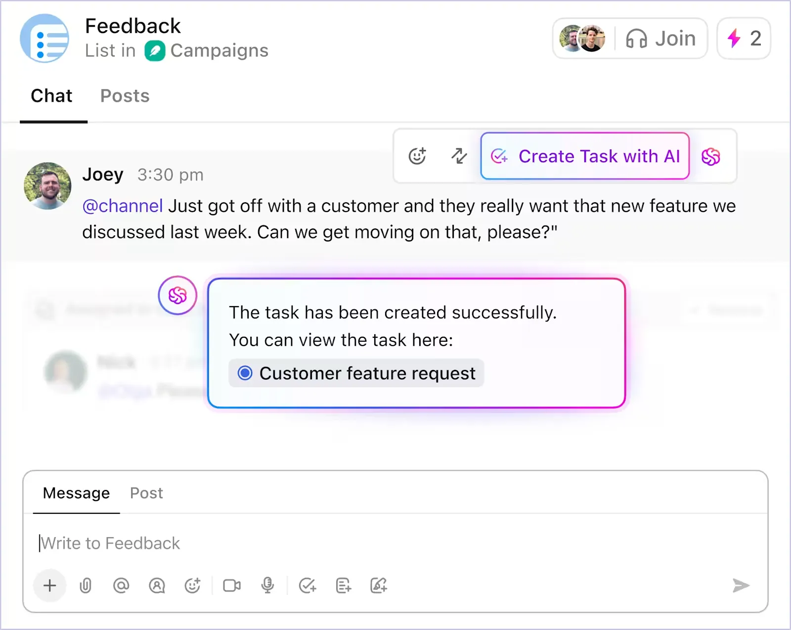 Maak traceerbare ClickUp-taken rechtstreeks vanuit chats of documenten