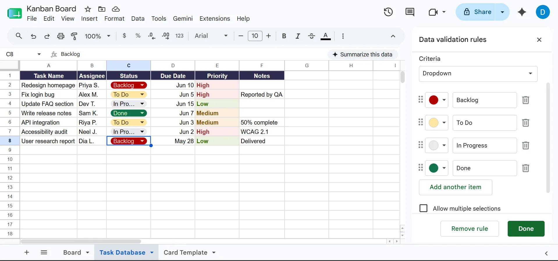 Dodaj sprawdzanie poprawności danych do listy rozwijanej „Status” w Arkuszach Google