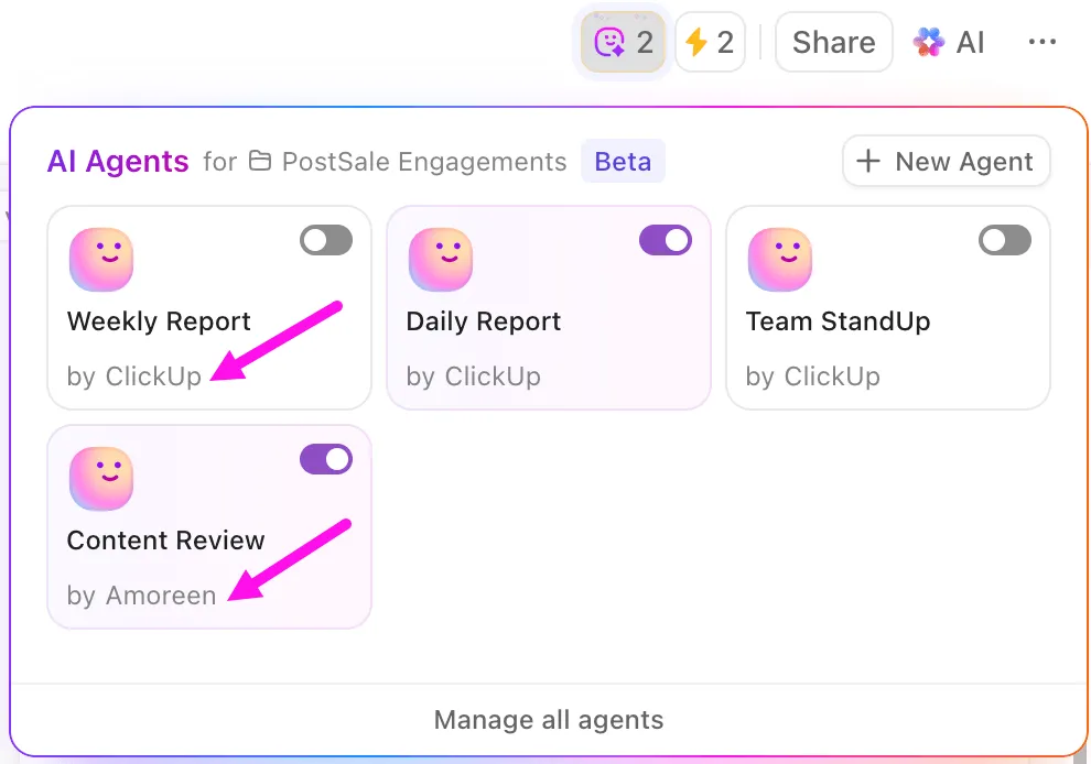 Använd färdiga eller skapa anpassade ClickUp AI Autopilot Agents