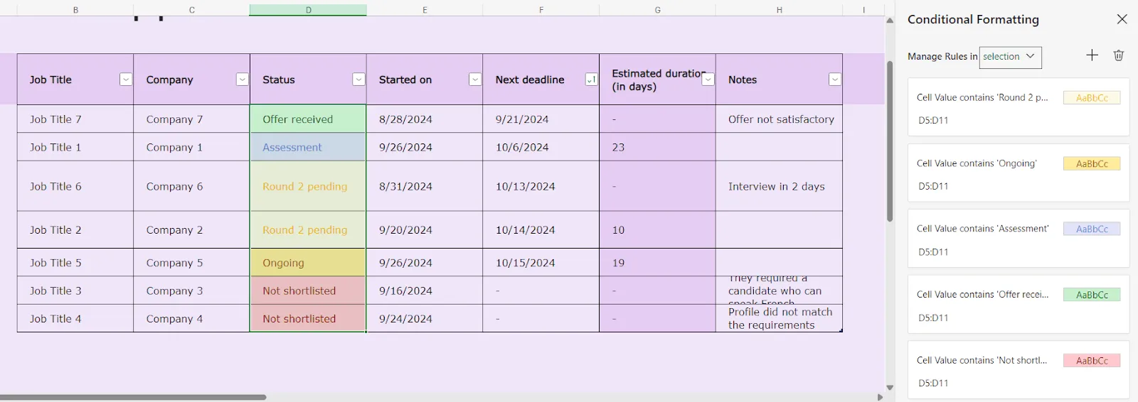 Bedingte Formatierung: Bewerbungs-Tracker Excel