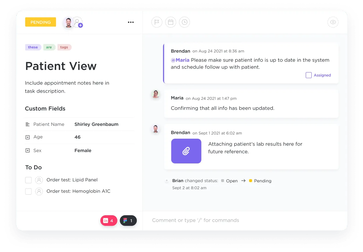 ClickUp for Healthcare per automatizzare gli appuntamenti, effettuare il monitoraggio dei programmi e bilanciare i carichi di lavoro.