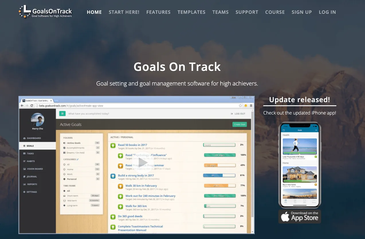 Página de inicio de Goals On Track