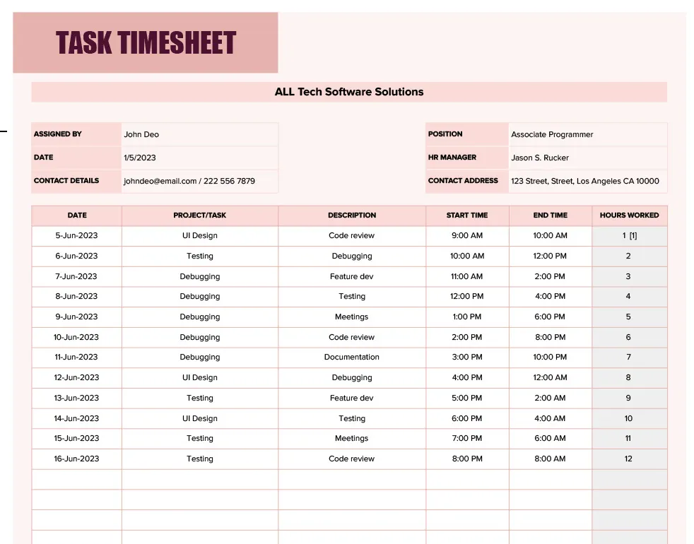 Die Vorlage für das Timesheet für Aufgaben