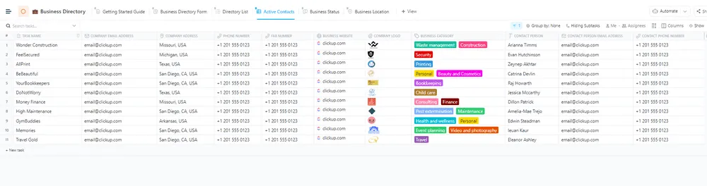 Modèle de répertoire d'entreprise ClickUp