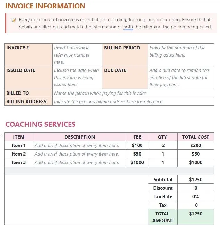La plantilla de factura de coaching de ClickUp está diseñada para ayudarle a gestionar los procesos de facturación de sus servicios de coaching.