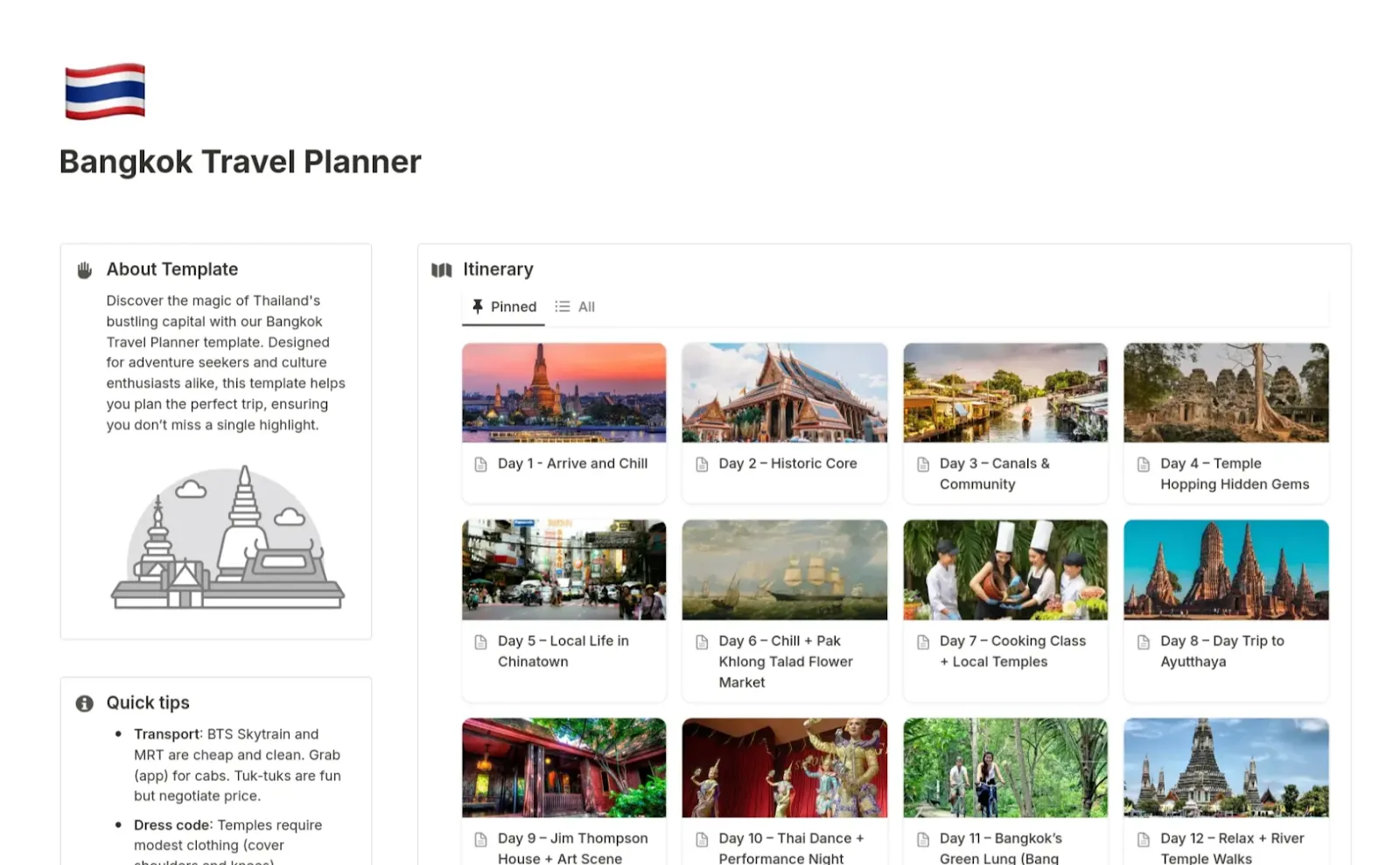 Notion'da Bangkok için seyahat planlayıcı